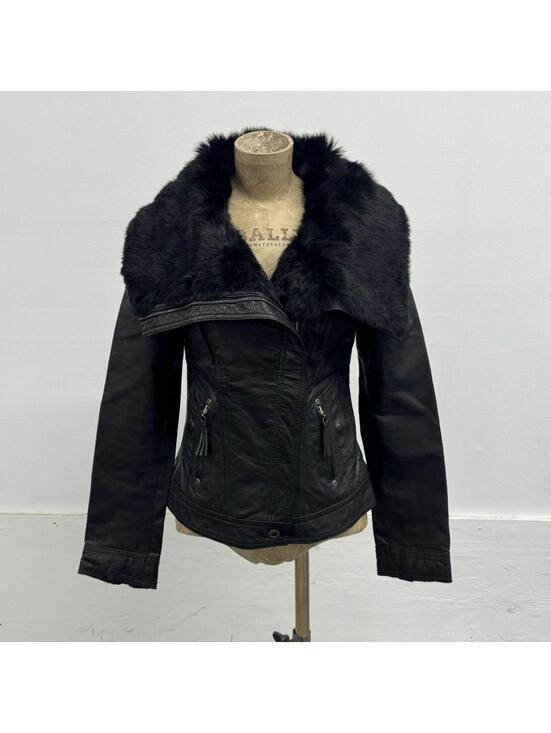 Only Jackets & Blazers - Vintage ONLY Black Leather Funnel Neck Jacket with Rabbit Fur Collar